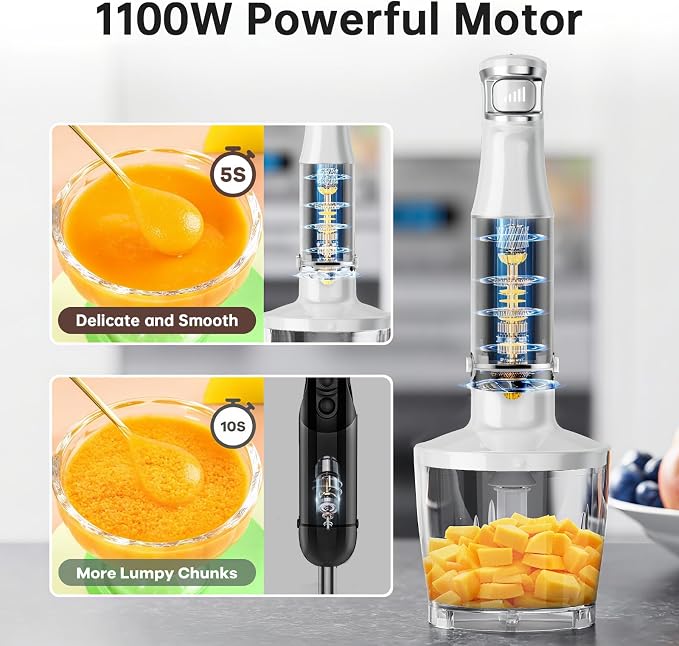 Turelar Immersion Blender Handheld Corded, 1100W 5 in 1 Hand Blender Set | Trigger Variable Speed, Emulsion Stick Mixer with Food Processor, Whisk, Frother, for Soup, Puree, Baby Food, Anti-scratch