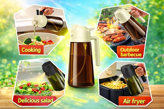 Oil Sprayer for Cooking, 2 in 1 Olive Oil Dispenser, Bottle for Kitchen, 16oz/470ml Premium Dark Green Glass Oil Bottle, Oil Sprayer for Air Fryer, Salad, Frying, BBQ. (Black) (Brown)