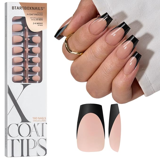 BTArtboxnails XCOATTIPS Black French Tip Press On Nails, S Coffin, Peach | Lamp-Curable, 4-Week Wear, Natural Nail Look, Salon Quality Value at Home, Easy-to-Apply for Beginners, 160ct Nail Tips Only