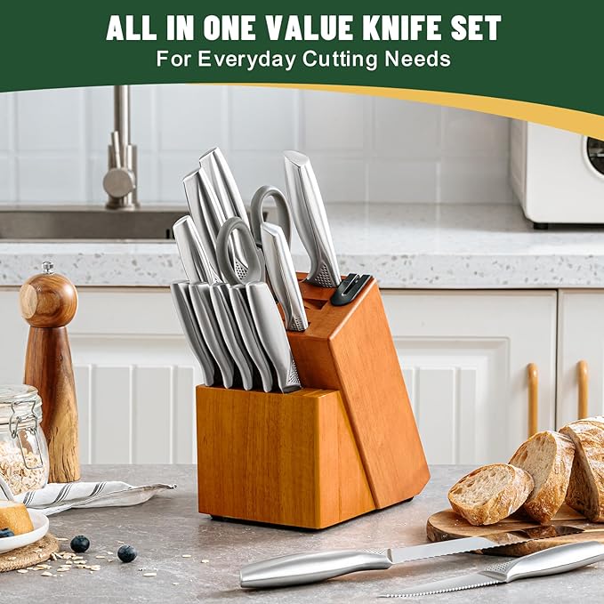 Knife Set, EWFEN 14-Piece Kitchen Knife Set with Block, German Stainless Steel Knives with Built-in Knife Sharpener, Anti-Slip Sharp Knives Set for Kitchen, Dishwasher Safe, Concave-dotted Handle