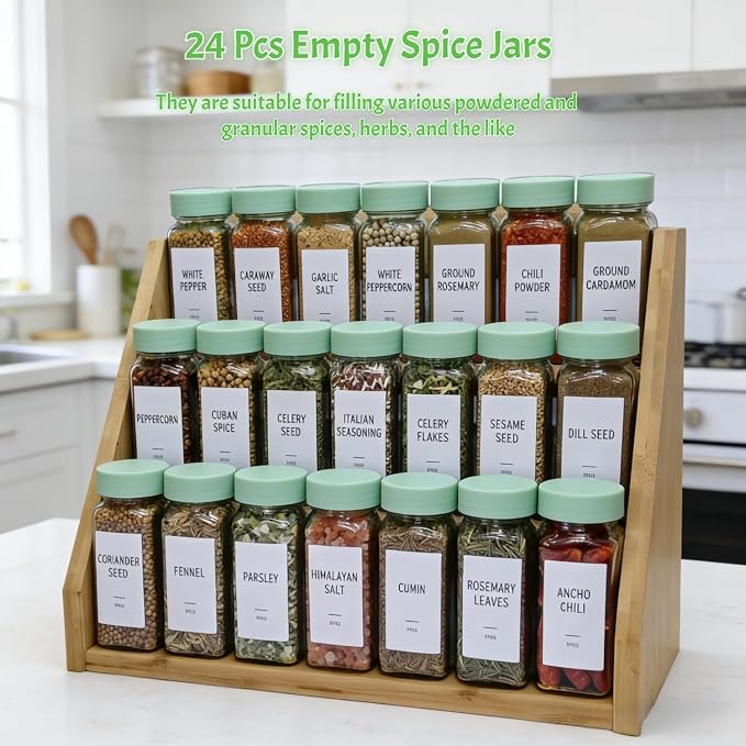 Spice Jars with Labels - 24 Glass Spice with Shaker Lids & Airtight Plastic Caps - 4oz Complete Seasoning Containers Organizer Set for Cabinet, Drawer & Rack (Light Green)