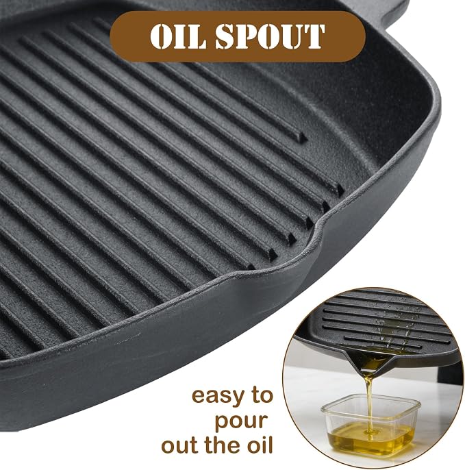 Cast Iron Grill Pan, 11 Inch Griddle Pan for Stove Top, Square Grill Pan with Handles for Stoves, Ovens, Barbecue