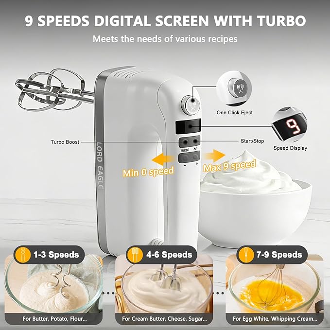 Lord Eagle 9-Speed Digital Hand Mixer Electric Handheld, 500W DC Motor | Kitchen Mixer for Cake Baking, Lightweight Egg Beaters with Stain-resistant & Waterproof Storage Bag & 6 Accessories