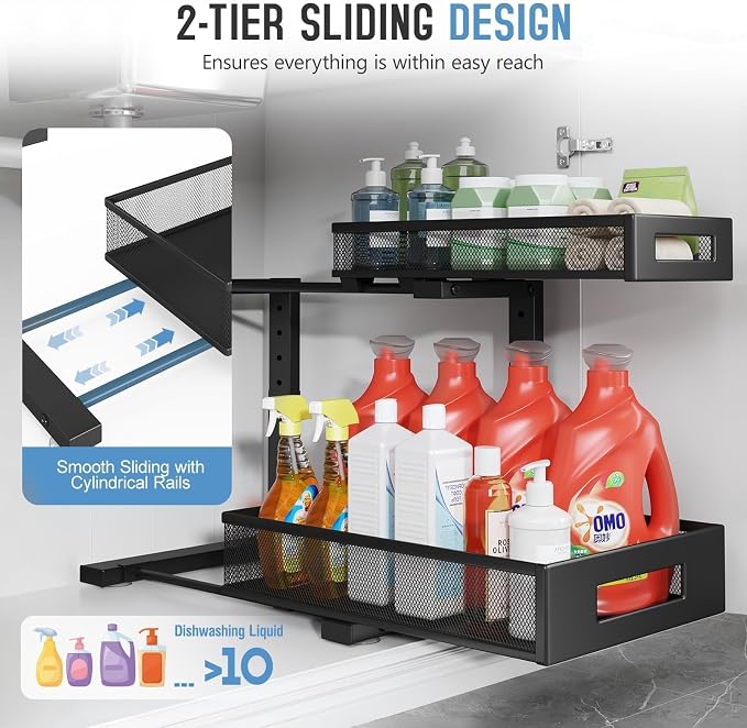 2-Pack Under Sink Storage Organizer, Large 2-Tier Elegant Mesh Pull Out Shelf for Kitchen and Bathroom Cabinet Organization, L-Shaped and Adjustable Height Design,Patent Pending-Black