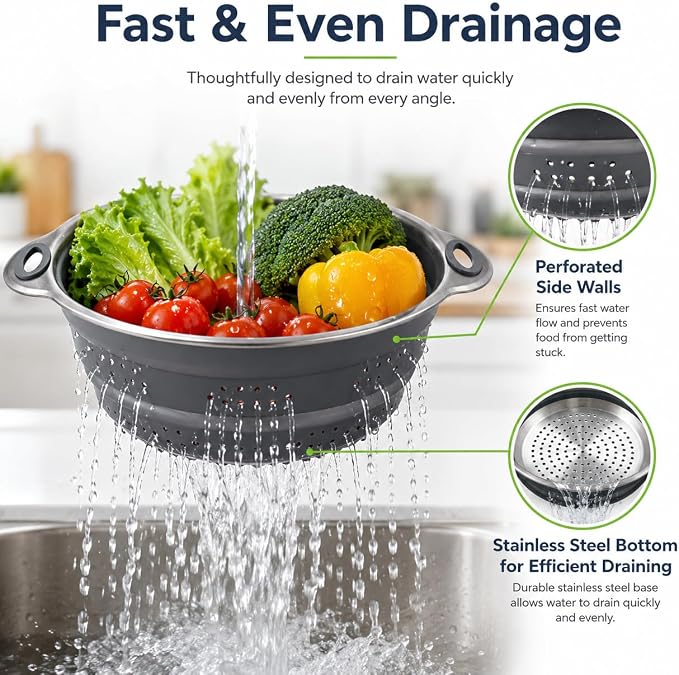 Mejoncb Collapsible Colander – Platinum Silicone Strainer with Stainless Steel Base, BPA-Free & Heat Resistant Kitchen Drain Basket (Gery)