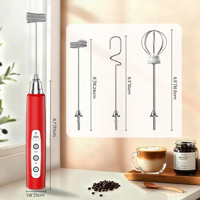 Colarlemo Milk Frother Handheld Rechargeable, Frother Wand Drink Mixer Electric Whisk for Coffee, Detachable With 3 Stainless Whisks, Hand Mixer for Lattes, Cappuccino, Matcha, Egg, No Stand, Red