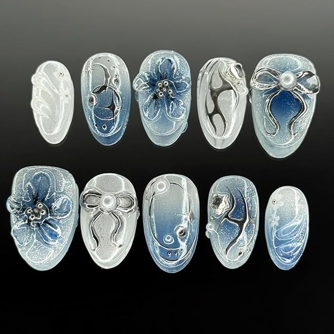 24Pcs Blue Flower Press On Nails Short Almond Fake Nails with Silver Bow & Pearl Designs 3D Flower Acrylic Nails Gradient Blue Full Cover Glue On Nails Reusable Summer Beach False Nail for Women Girls