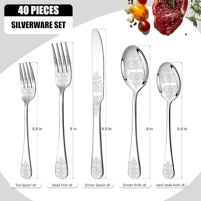 40 Pcs Silverware Set for 8, Food Grade Stainless Steel Flatware Set, Eating Utensils Sets Include Fork/Knife/Spoon, Reusable Cutlery Set for Home Kitchen, Dishwasher Safe, Embossed pattern-2