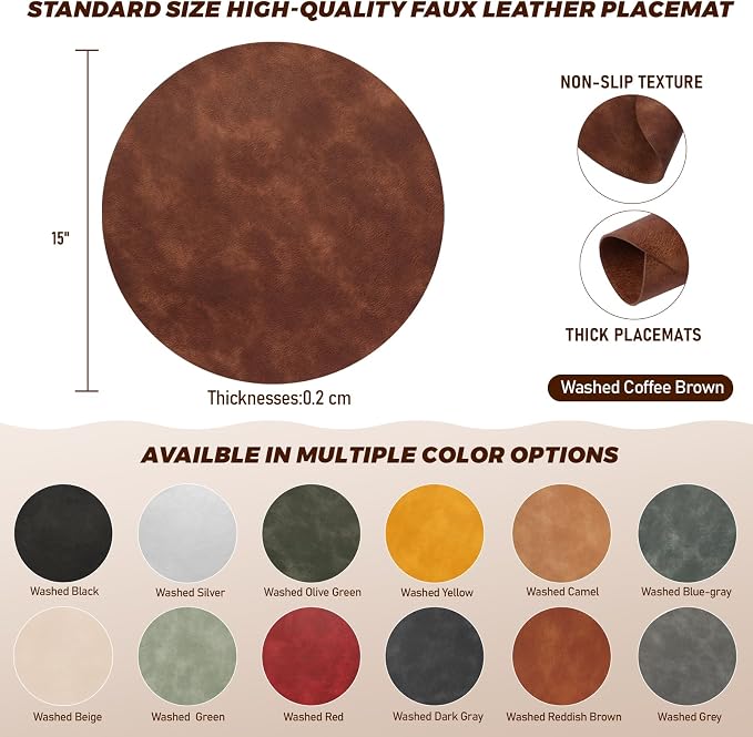 UnivoColors Placemats Round Faux Leather Placemats Set of 8-Waterproof-Wipe Clean-Heat Resistant-Anti Slip Dining Table Place Mats,Suitable for Indoor & Outdoor Use,15".Retro Camel