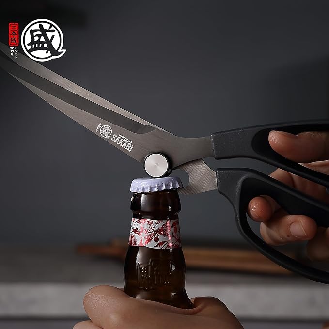 MITSUMOTO SAKARI Kitchen Shears, Titanium Plated, 3CR13MOV Steel | Micro-Serrated Stable Cutting, Non-Slip PP/TBR Ergonomic Handle, Built-In Bottle Opener Joint, Meat Veg Herb Versatile