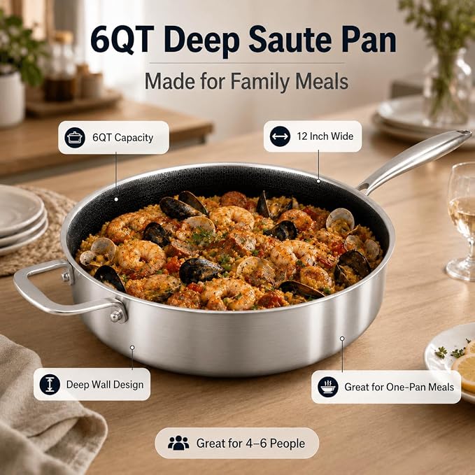 DELARLO Frying Pan,12 inch Tri-Ply Stainless Steel Skillet,6 Quart Saute Pan with lid, Compatible with All Cooktops,Oven Up to 660℉,Chicken Fryer,Dishwasher-Friendly