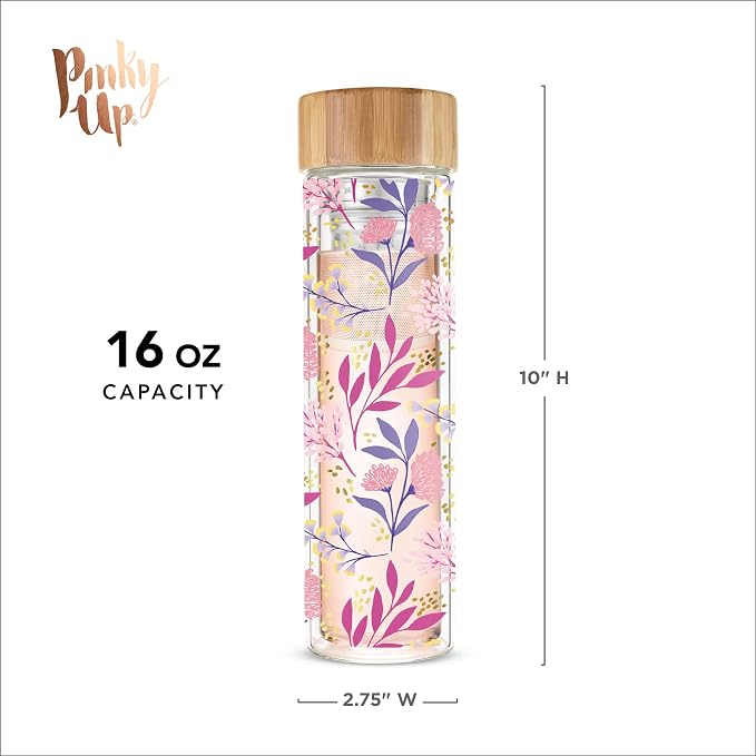 Pinky Up Blair Travel Tea Infuser Mug, Double Walled Insulated Travel Tumbler with Loose Leaf Tea Strainer, Travel Coffee Mug, Keeps Drinks Hot or Cold, 16 oz, Botanical Design