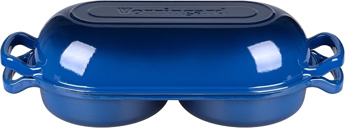 Enameled Cast Iron Double Dutch Oven with Lid, Dual Round Loaf Pan, Bread pan for Homemade Sourdough Bread Baking, Blue