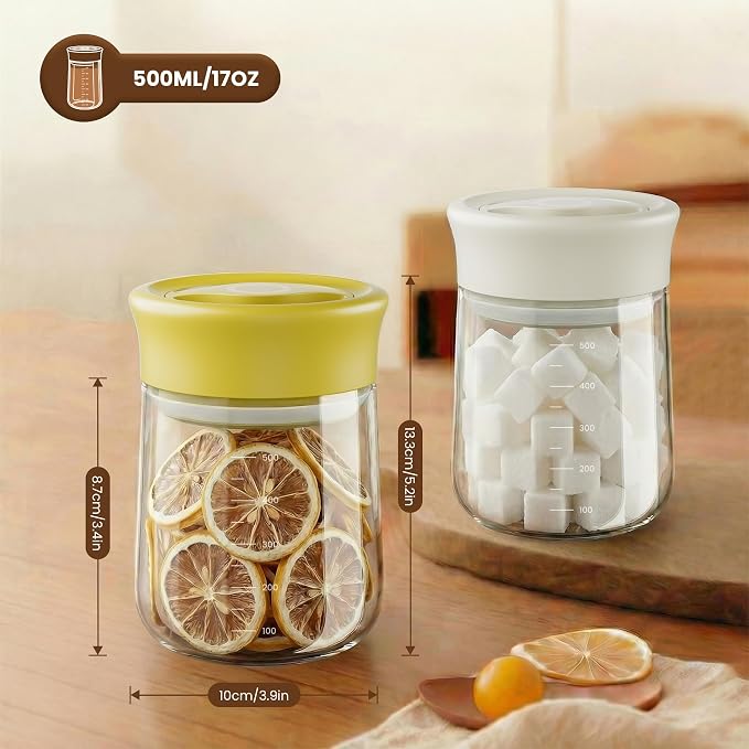 Airtight Glass Storage Jar 16 oz, Easy Open 1/4-Turn Lid Coffee Container | Easy-Open Quarter-Turn Lid, Airtight, Food Grade, Transparency, with Scale