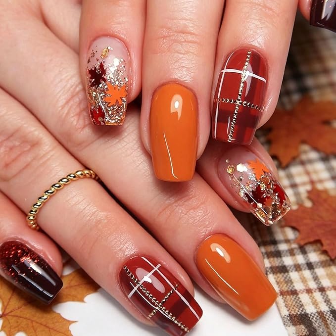 Fall Press on Nails Medium Square Fake Nails with Plaid Maple Leaves Glitter Designs Nails Press ons Orange Brown Acrylic Nails Full Cover Stick on Nails for Women 24 Pcs