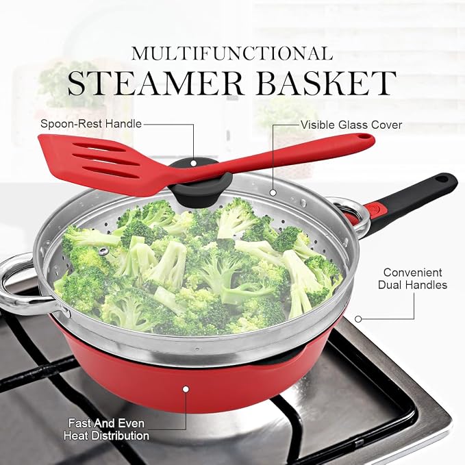 12 Inch Steamer Pan Nonstick, Deep Frying Pan Skillet with Lid, Red | Detachable Handle, Suitable for All Stoves, Including Induction, PTFE & PFAS & PFOA Free, Oven Safe