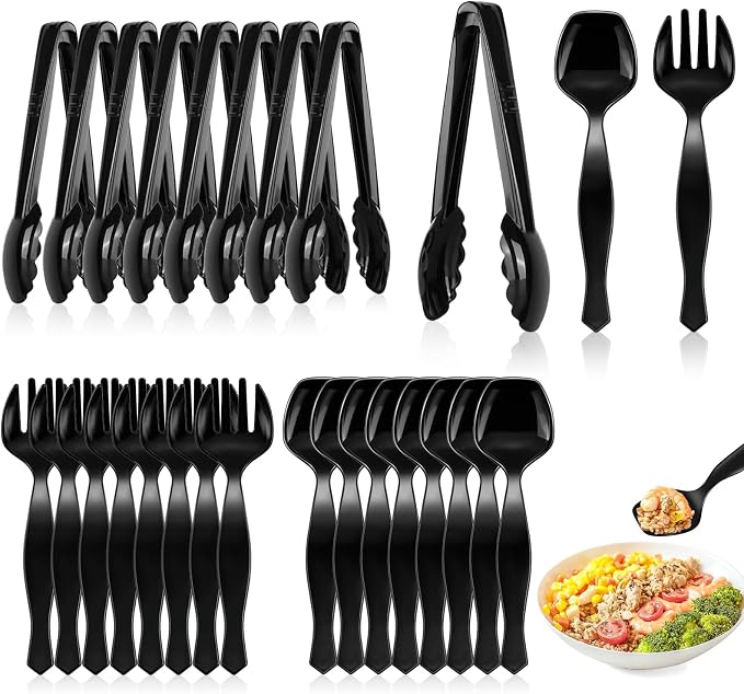 Mwellewm 24Pcs Plastic Serving Utensils for Party Large Serving Spoons for Buffet Disposable Plastic Tongs Set Heavy Duty Slotted Spoons/Forks Supplies for Food Salad Soup Cooking Catering(Black)
