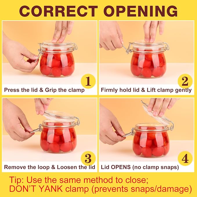 HINGWAH 16oz Glass Jars with Airtight Lids, 6 Pack Mason Jars | Wide Mouth Jars with Clamp Lids, Glass Storage Containers with Lids for Pickling, Coffee, Herb, Spice, Sugar, Kitchen Storage