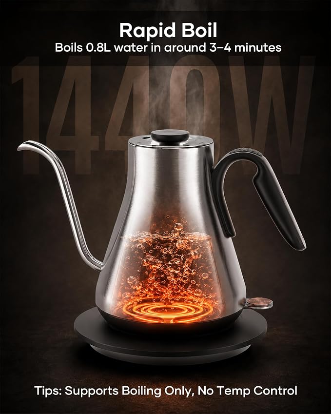 Cocinare Gooseneck Electric Kettle 0.8L, Fast Boil Pour Over Coffee, Tea | 1440W Fast Boil, 304 Stainless Steel Interior, Gooseneck Precision Spout, Auto Shut-Off & Boil-Dry Protection, Loos Silver