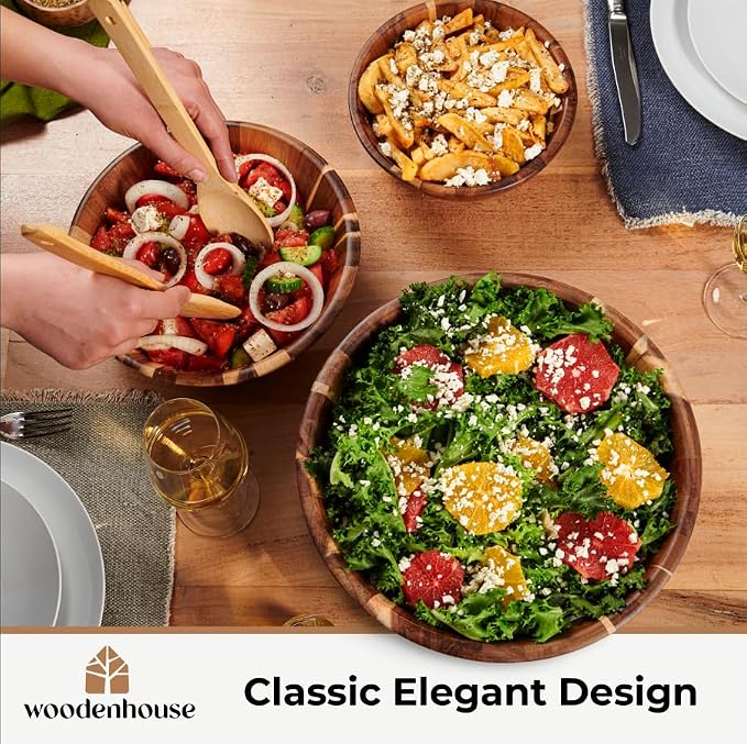 Wooden Salad Bowl Set of 3, Round Wood Bowls for Serving | Large, Medium & Small – Handmade, Durable & Stylish Natural Dining Accessory