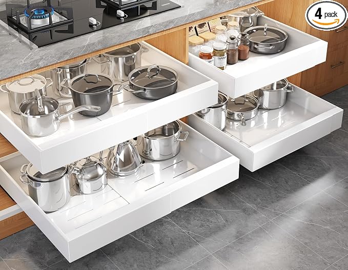 Seinloes 4 Pack Expandable Pull Out Cabinet Organizer 21"Deep With Raising Pad for Framed Cabinets,Upgrade 3 Slide Rails Slide Out Drawers,No Drill Roll Out Shelves,Adjustable Width 15.1"-26.3" White