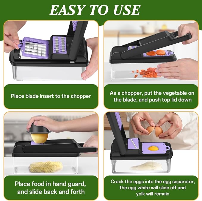 HomeHacks Veggie Chopper Vegetable Cutter, 12 in 1 Kitchen Gadget, Purple | Dicer, Slicer, Cutter, Slap Chop, Cheese Grater & Egg Separator - Multi-Functional Salad Fruit Onion Chopper with Container