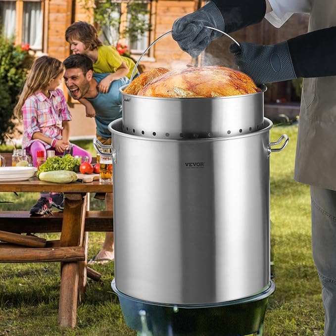 VEVOR Stainless Steel Stockpot, 84 Quart Large Cooking Pots, Cookware Sauce Pot with Basket, Lid, and Handle, Heavy Duty Commercial Grade Stock Pot, Sanding Treatment, for Large Groups Events Silver
