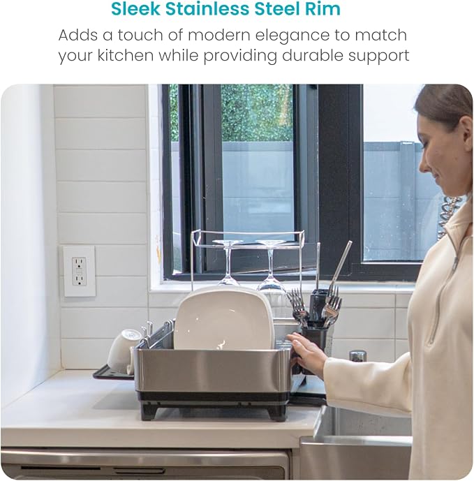 Home Zone Living Dish Drying Rack for Kitchen Counter | Stainless Steel with Drip Tray, Extendable Water Drainage Pipe, and Holders for Utensils, Wine Glasses and Cutting Board