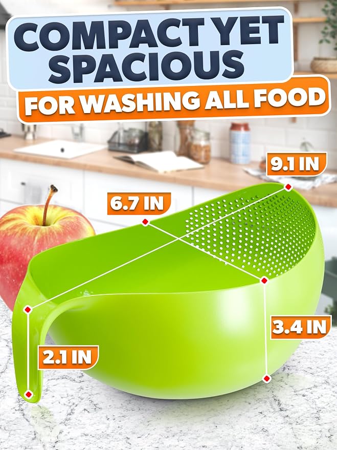1.7L Rice Strainer with Handle, 9.4 In, Lightweight, ABS (Green) | Rice Washer Strainer Bowl; Drains Water Fast; Rinses Rice, Cereals, Pasta, and Veggies; Easy-Grip Handle; Dishwasher Safe