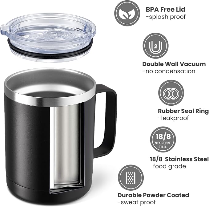 MEWAY 12oz Coffee Mug With Handle 2 Pack Bulk,Stainless Steel Insulated Travel Tumblers With Sliding Lid,Double Wall Vacuum Camping Cup for Hot & Cold Drinks Tea (Mix,Set of 2)