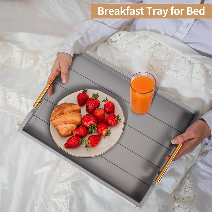 SXNOWS Wooden Serving Tray with 2 Sets of Handles,Gray | 16.5x13 Inch Large Ottoman Tray Platter for Coffee Table Living Room Breakfast in Bed Party, 4 Round Coasters Included
