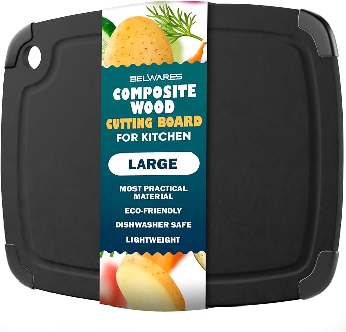 Dishwasher Safe Cutting Board, Large 14.5 x 11.25 Inch Composite Wood Chopping Surface with Juice Groove, Non Slip Feet, Lightweight Kitchen Countertop for Meat and Vegetables - Slate Black