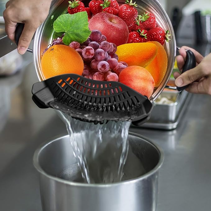 AUOON Clip On Strainer Silicone for All Pots, Standard 8.86 x 3.55in, Black | Food-grade BPA-free, Fits Pots Pans Bowls, Dishwasher Safe, for Pasta Noodles Vegetable Fruits, Space-saving Kitchen Gadget