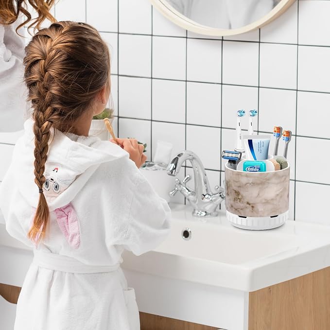 GFWARE Rotating Marble Toothbrush Holder for Bathroom Organizer, Drainage | Detachable 6 Slots Kids Electric Toothbrush and Toothpaste Holder, Bathroom Countertop Sink Storage Caddy, Marble-Look