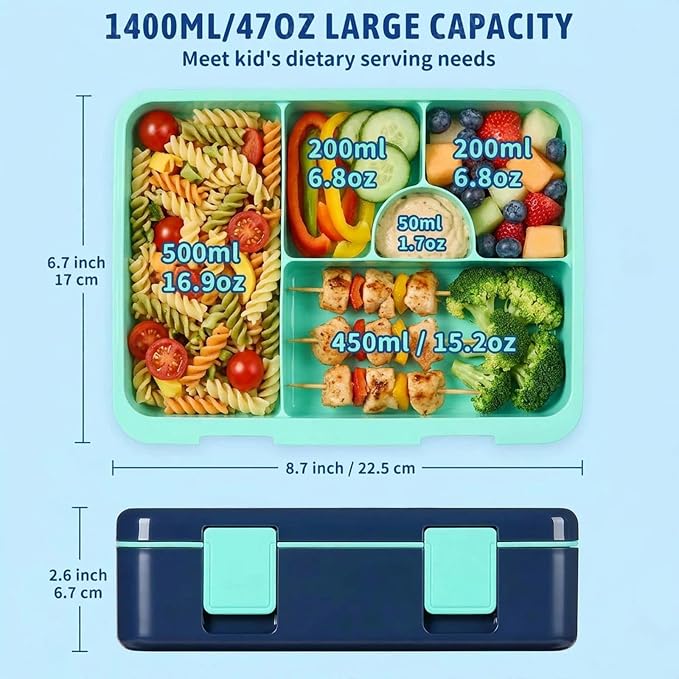 rockpapa Bento Box for Kids - Large 5.5 Cups Lunch Box with Utensils - 5 Compartments, BPA-Free, Leak Proof, Portable Handle for Boys Girls, Microwave/Dishwasher Safe (Blue Rocket)