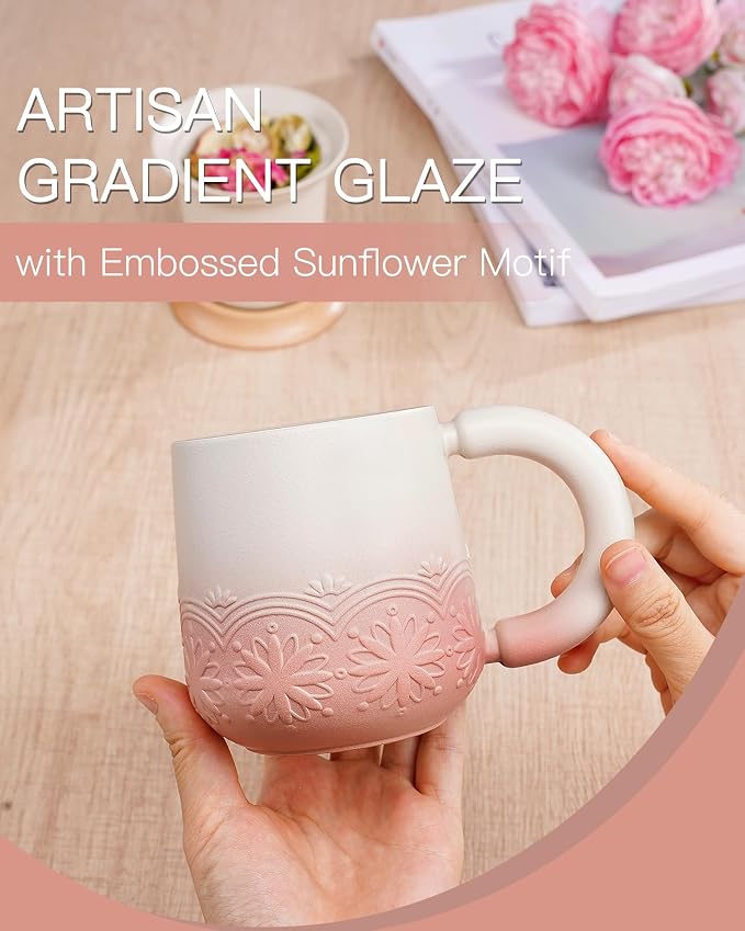 ZENS Tea Mug with Infuser and Lid for Loose Tea Diffusers, 12oz Pink | Embossed Ceramic Tea Cup with Infuser for Herbal Tea Steeper, Tea Lovers Gifts, Japandi Style Sunflower