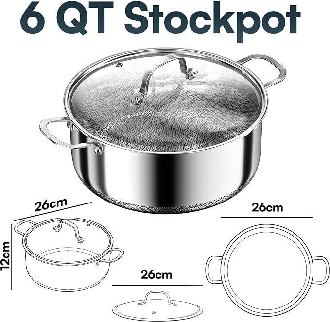 6 QT Stainless Steel Stock Pot with Lid, 10-inch Sauce Pan Induction Cookware, PFOA Free 5-Ply Simmer Pot with Non Stick Coating, Dual Ear Handles Cooking Pot Oven & Dishwasher Safe Easy to Clean