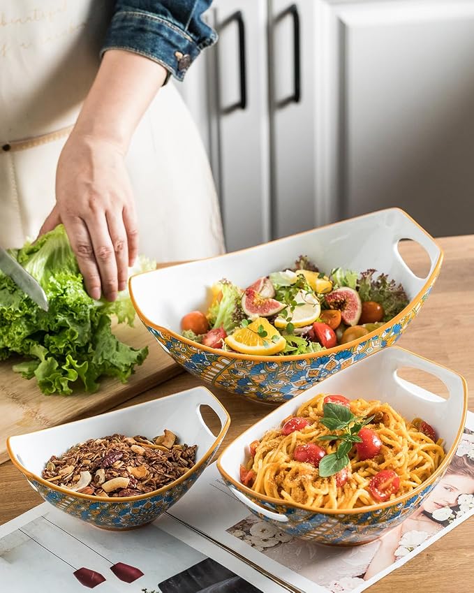 LAUCHUH Serving Bowls with Handles, Bohemian Porcelain Serving Dishes | Mixing Bowls for Entertaining Colorful Nesting Bowls Salad Bowls for Kitchen, Thanksgiving, Set of 3, 15/28/49 oz, Blue & Red