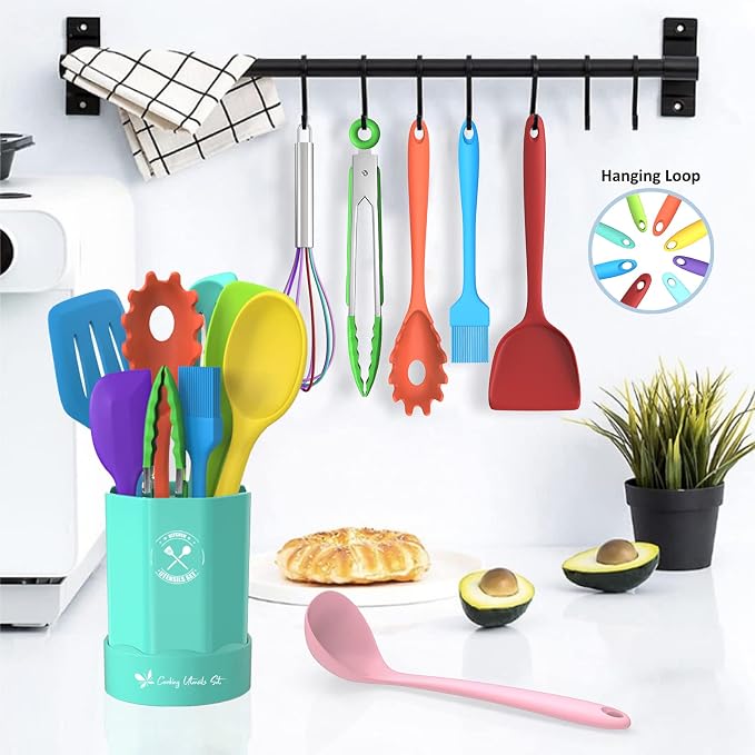Silicone Kitchen Utensils Set, 16-Piece Silicone Cooking Utensils by Deedro | Heat Resistant Kitchen Tools Set with Holder, Nonstick Spatula Kitchen Gadgets for Cooking & Baking, Colorful
