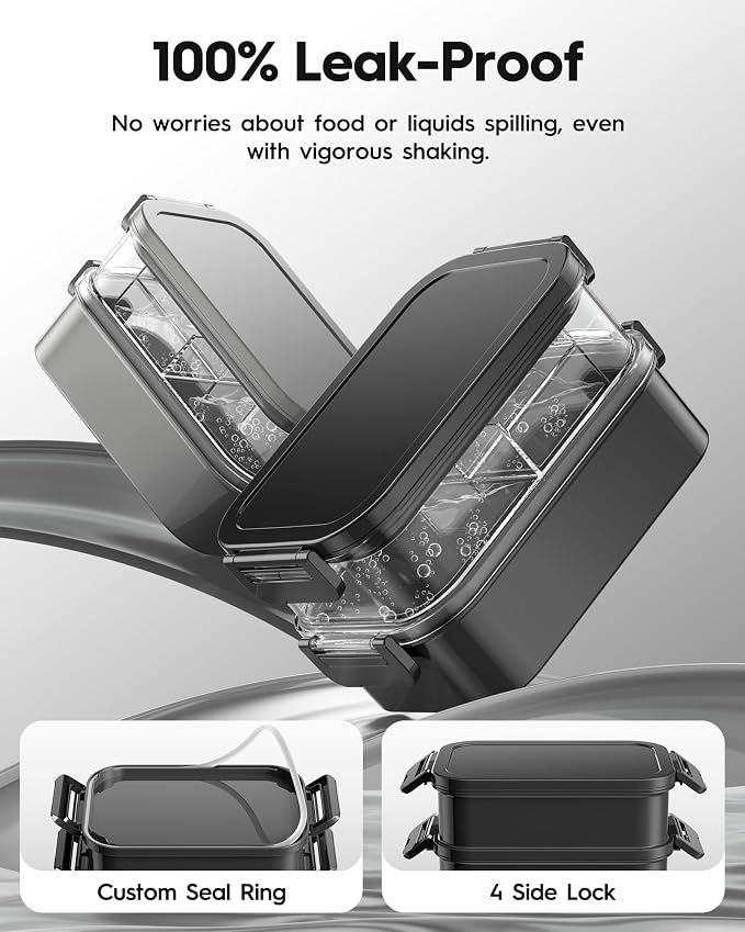 Adults Bento Box with Insulated Lunch Bag, 74oz Capacity 3 Stackable Leak-Proof Bento Box Built-In Utensil and Sauce, PFAS & BPA-Free, Microwave & Dishwasher Safe (Astral Black)