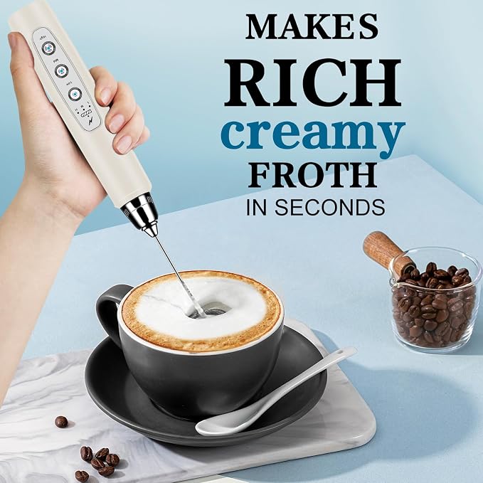 Milk Frother Wand Rechargeable Handheld Whisk Coffee 3 Speed Adjustable | Electric Whisk Drink Mixer with Stainless 3 Whisks Hand Frother , Foam Maker for Latte Cappuccino Matcha Egg Silver