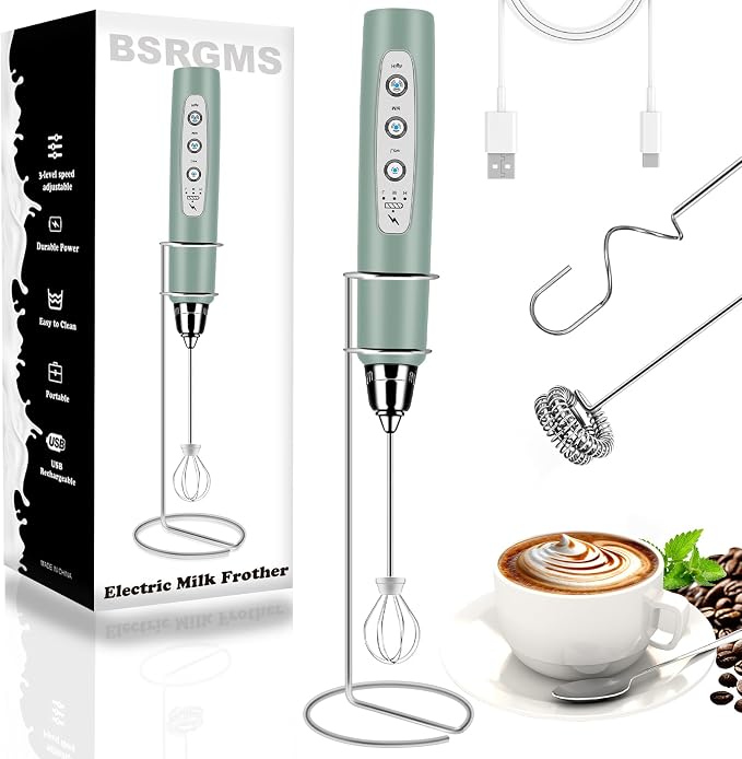Milk Frother Wand Rechargeable Handheld Whisk Coffee 3 Speed Adjustable | Electric Whisk Drink Mixer with Stainless 3 Whisks Hand Frother , Foam Maker for Latte Cappuccino Matcha Egg Silver