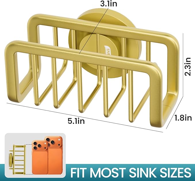 TAILI Rustproof Sponge Holder for Kitchen Sink with Suction Cup-Gold | Rustproof Aluminum Sink Caddy for Sponges, Brushes, Stoppers & Scrapers,Removable Ventilated Quick-dry Design, Holds Up 11lbs