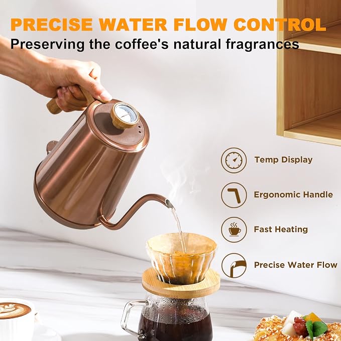 Nueve&Five Electric Gooseneck Kettle with Thermometer, 1.0L Pour Over Hot Water Kettle for Coffee and Tea, 1000W, Auto Shutoff, Boil-Dry Protection,Copper