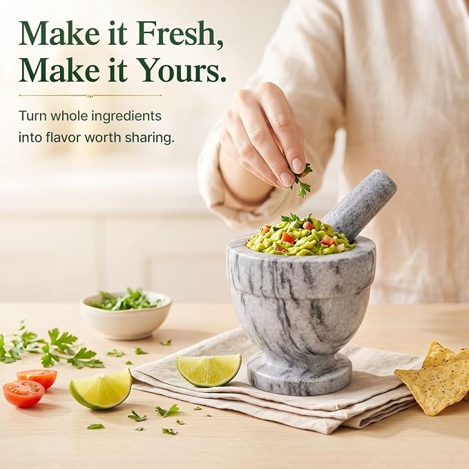 Flexzion Mortar and Pestle Set, White - Solid 4 inch Heavy Granite Molcajete Stone Grinder Crusher Bowl for Guacamole, Herbs, Spices, Garlic, Medicine Pills, Grain, Kitchen, Cooking | Crush Herbs, Spices and Garlic or Prepare Guacamole In a Compact Gri...
