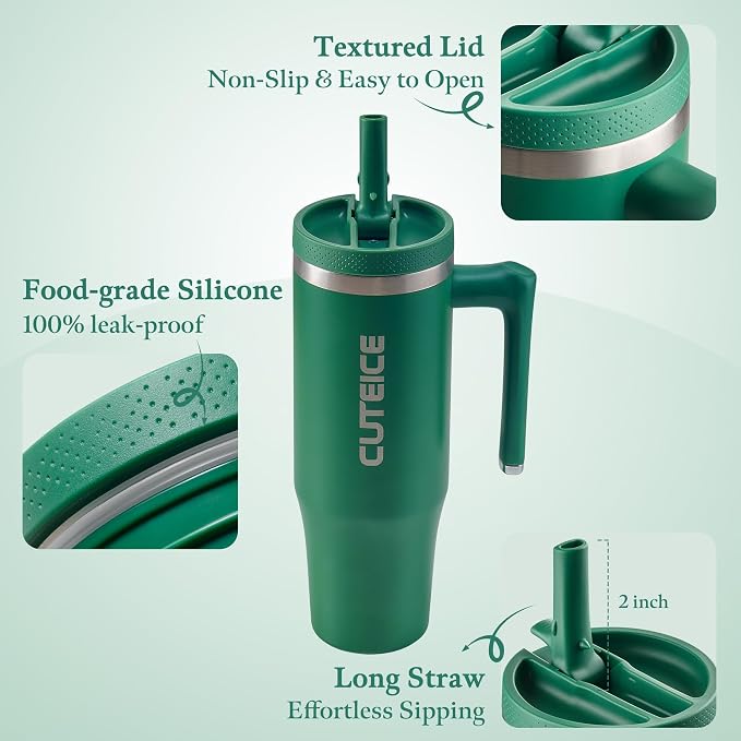 Forest Green 30 oz Insulated Tumbler with Handle Coffee Travel Mug with Lid and Straw, 100% Leakproof Stainless Steel Mug Water Bottle for Iced Tea, Cold Beverages Fits in Car Cup Holder
