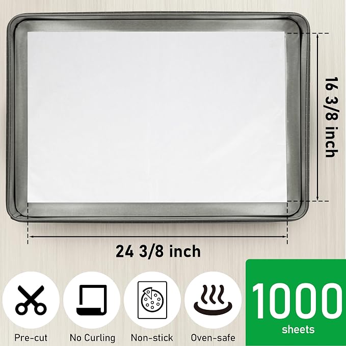 EcoDispose 1000 Pcs Precut Parchment Paper Baking Sheets, 16-3/8" x 24-3/8" | White, Non-Stick, Heavy Duty, Greaseproof, Full Pan liner for Bake