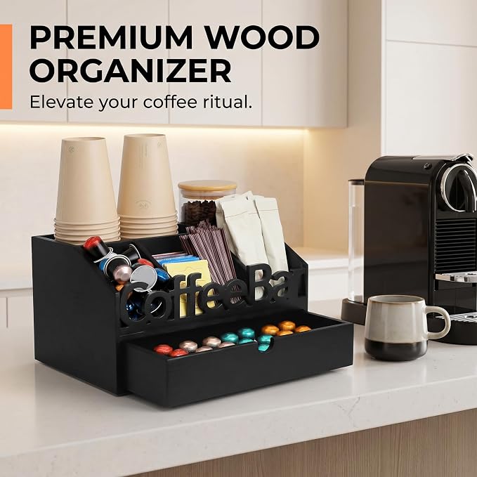 Coffee Bar Organizer Countertop, Wooden Coffee Station with Black Drawer | Coffee Pods, Tea Bags, Creamers & Condiments