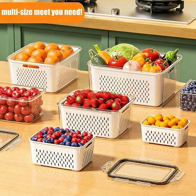 Yuonry 4 in 1 Food Storage Container, Fruit Storage Containers for Fridge, Produce Containers with Lid and Strainer, Including Drain Basket, Multipurpose Large Fruit Container for Fridge(Grey)