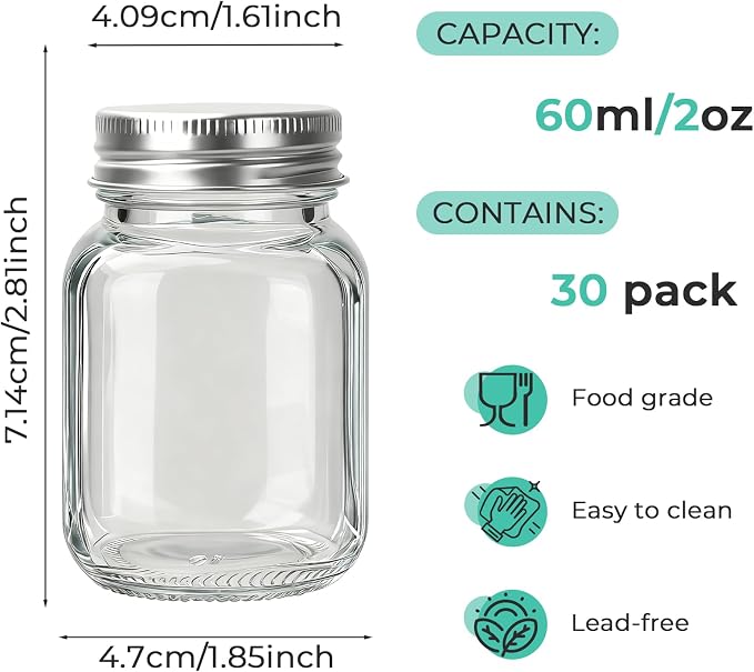 Betrome 30 Pack 2 oz Glass Mason Jars with Silver Lids, Mini Spice Jars | Small Glass Jars for Honey,Sauce, Juice, Jam&Jelly, Wedding Decor, DIY Craft